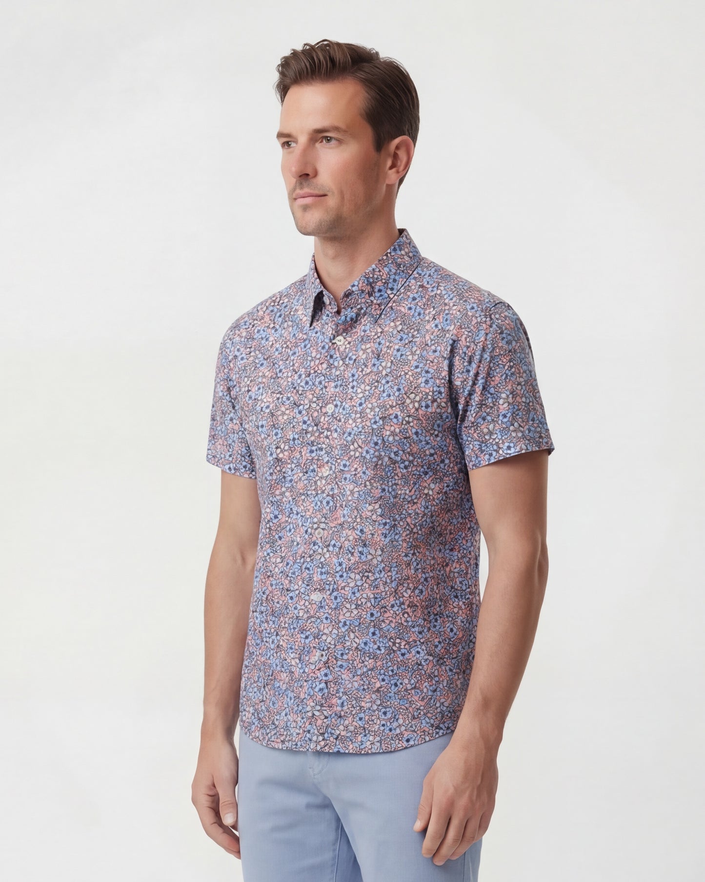 TIM FLORAL FIELD CORAL MENS PRINTED BUTTON UP SHIRT