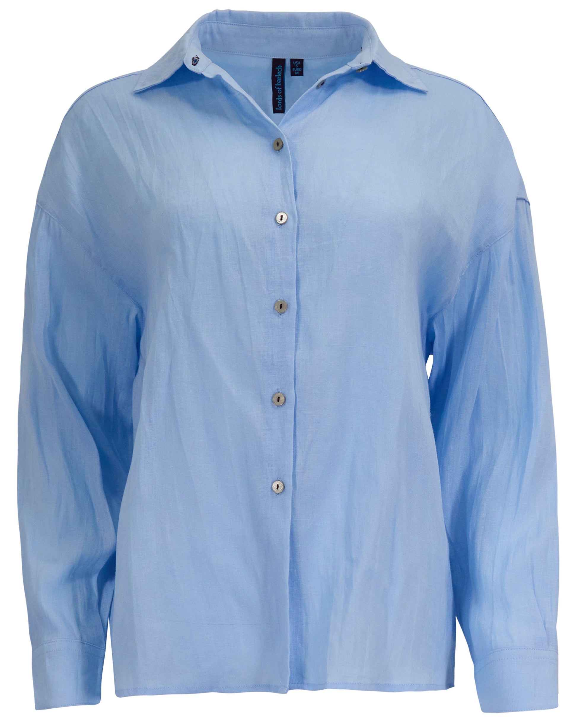 light blue dress shirt womens LYDIA CROCHET BLUE WOMENS RELAXED LINEN SHIRT – Lords Of Harlech