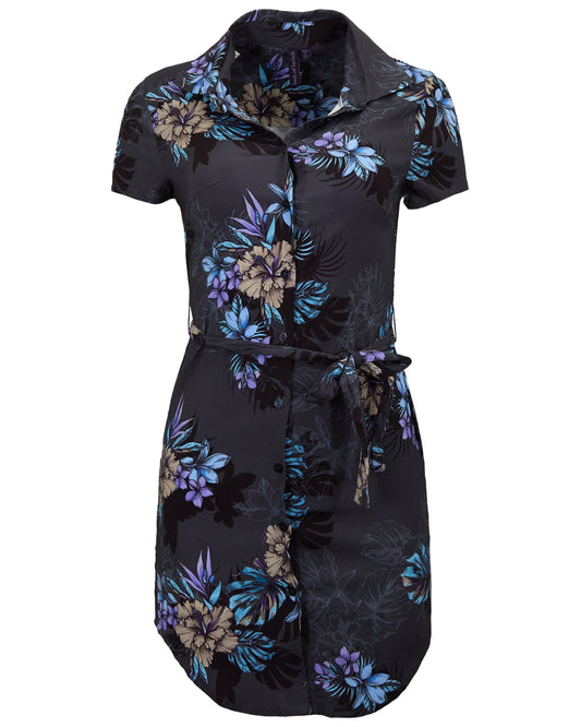 CRYSTAL EXOTIC FLORAL BLACK WOMENS SHIRT DRESS