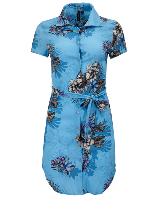 CRYSTAL EXOTIC FLORAL TEAL WOMENS SHIRT DRESS
