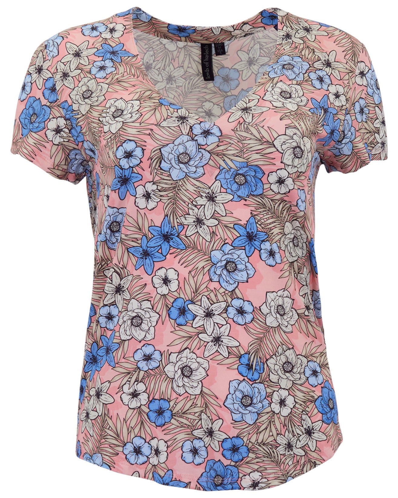 VICTORIA TROPICAL MIX CORAL WOMENS V-NECK PRINTED TOP