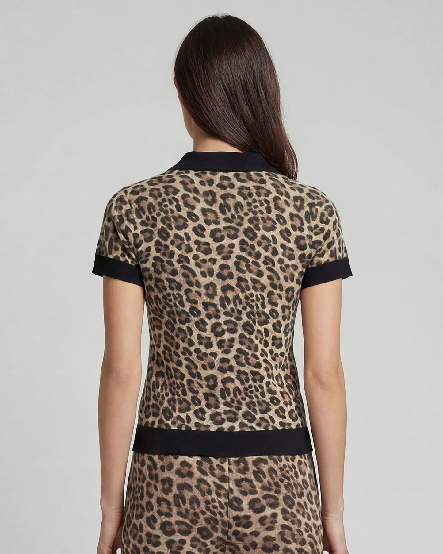 JESSICA LEOPARD BROWN WOMENS MERINO SILK CASHMERE POLO