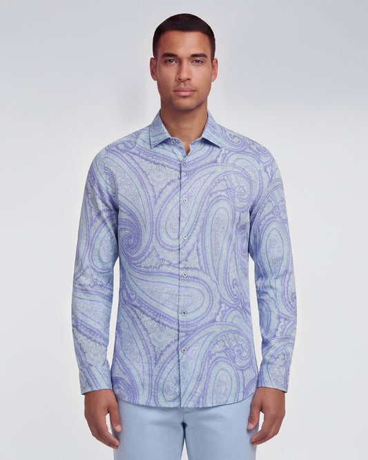 LAURENT WILD PAISLEY OXFORD LINEN SHIRT - BLUE