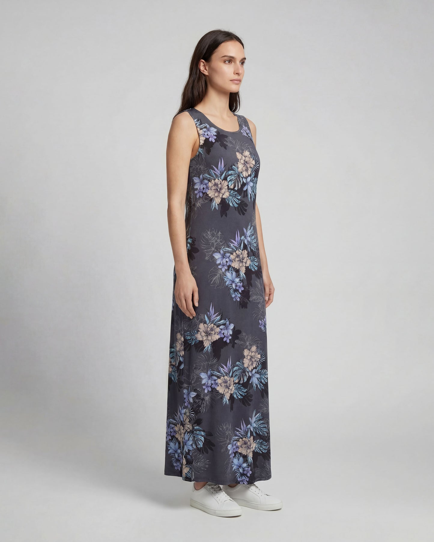 TRUDY EXOTIC FLORAL BLACK WOMENS SLEEVELESS MIDI DRESS