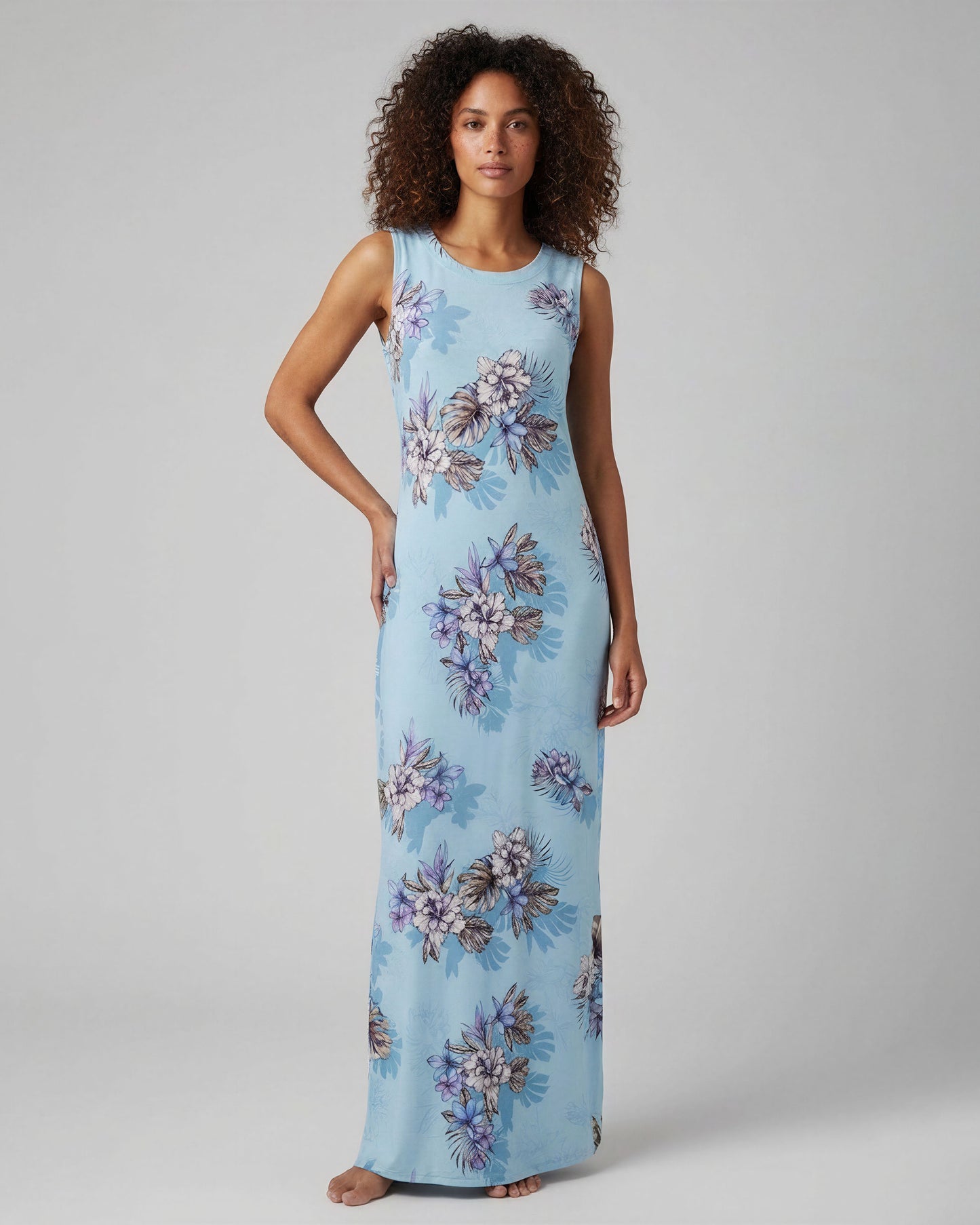 TRUDY EXOTIC FLORAL TEAL WOMENS SLEEVELESS MIDI DRESS