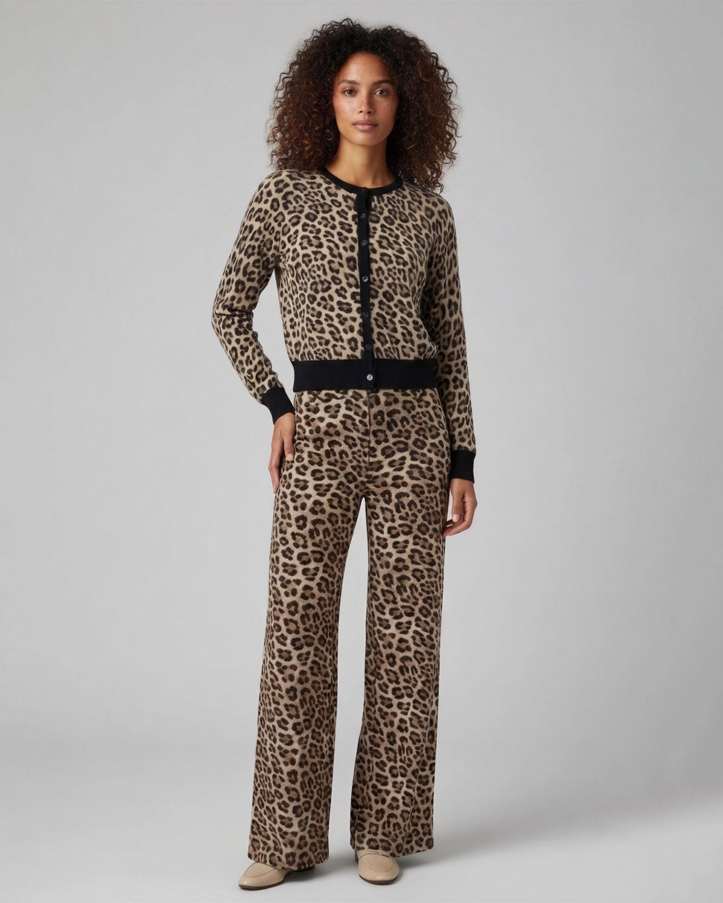 PHEOBE LEOPARD BROWN WOMENS WOOL WIDE-LEG PANT