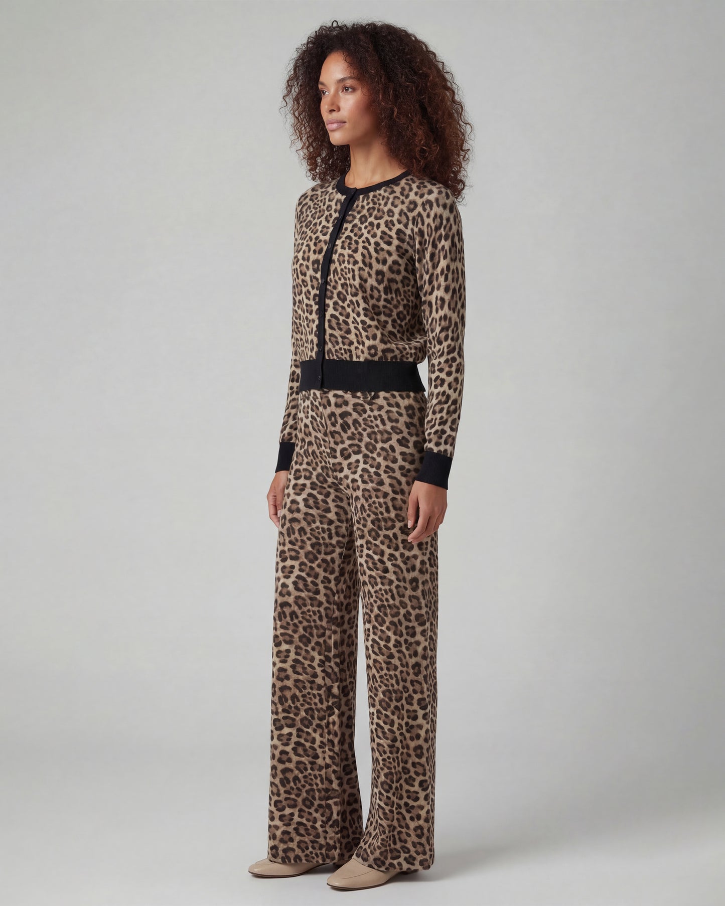 PHEOBE LEOPARD BROWN WOMENS WOOL WIDE-LEG PANT