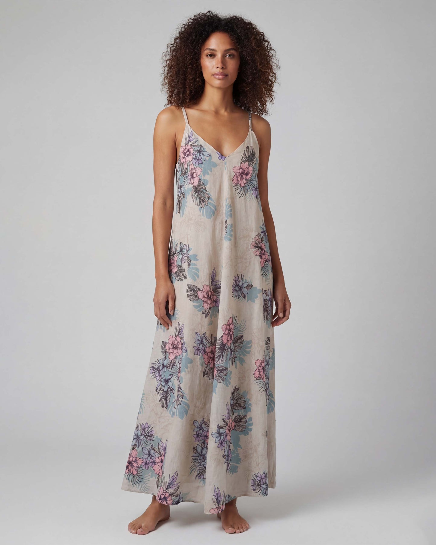 DORA EXOTIC FLORAL NATURAL WOMENS LINEN OVERSIZED DRESS