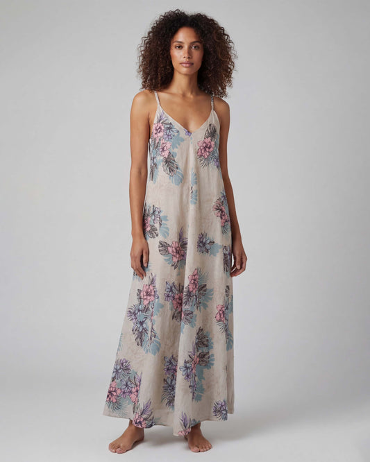 DORA EXOTIC FLORAL NATURAL WOMENS LINEN OVERSIZED DRESS