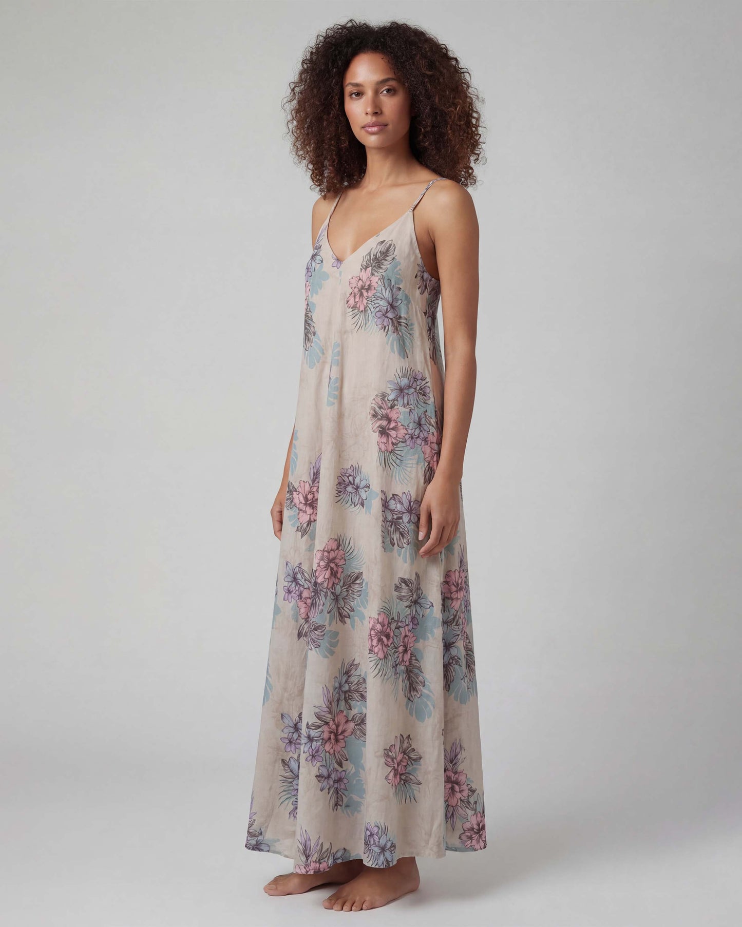 DORA EXOTIC FLORAL NATURAL WOMENS LINEN OVERSIZED DRESS