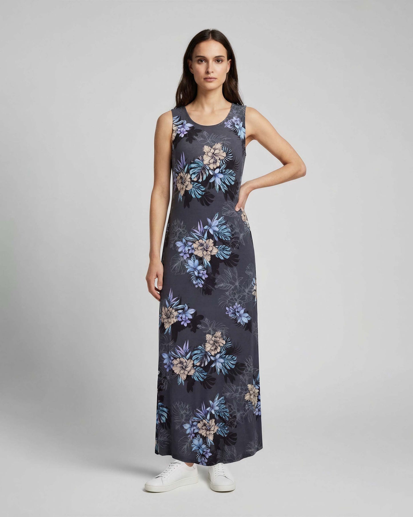 TRUDY EXOTIC FLORAL BLACK WOMENS SLEEVELESS MIDI DRESS