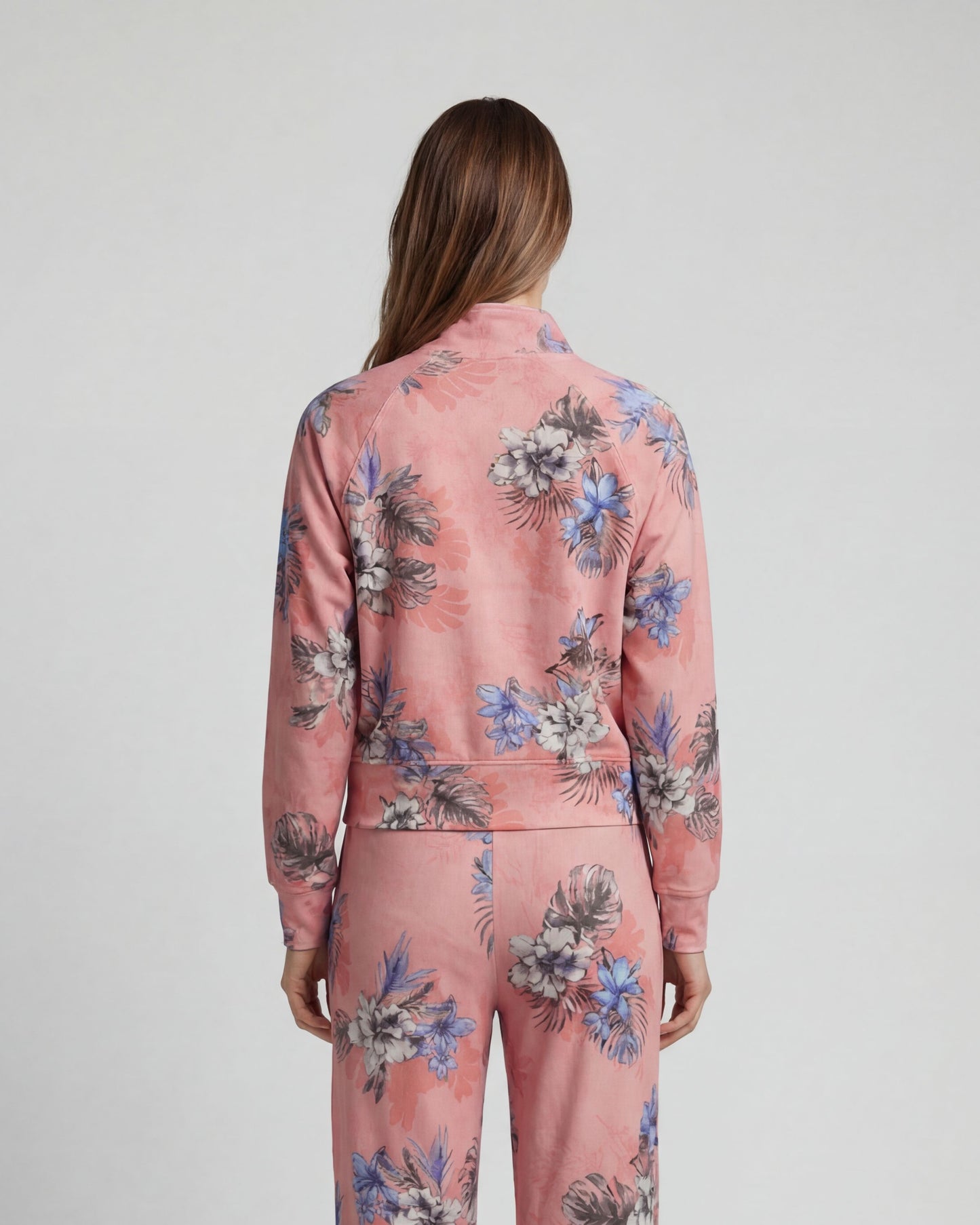 JUDY EXOTIC FLORAL CORAL WOMENS CROPPED ZIP JACKET