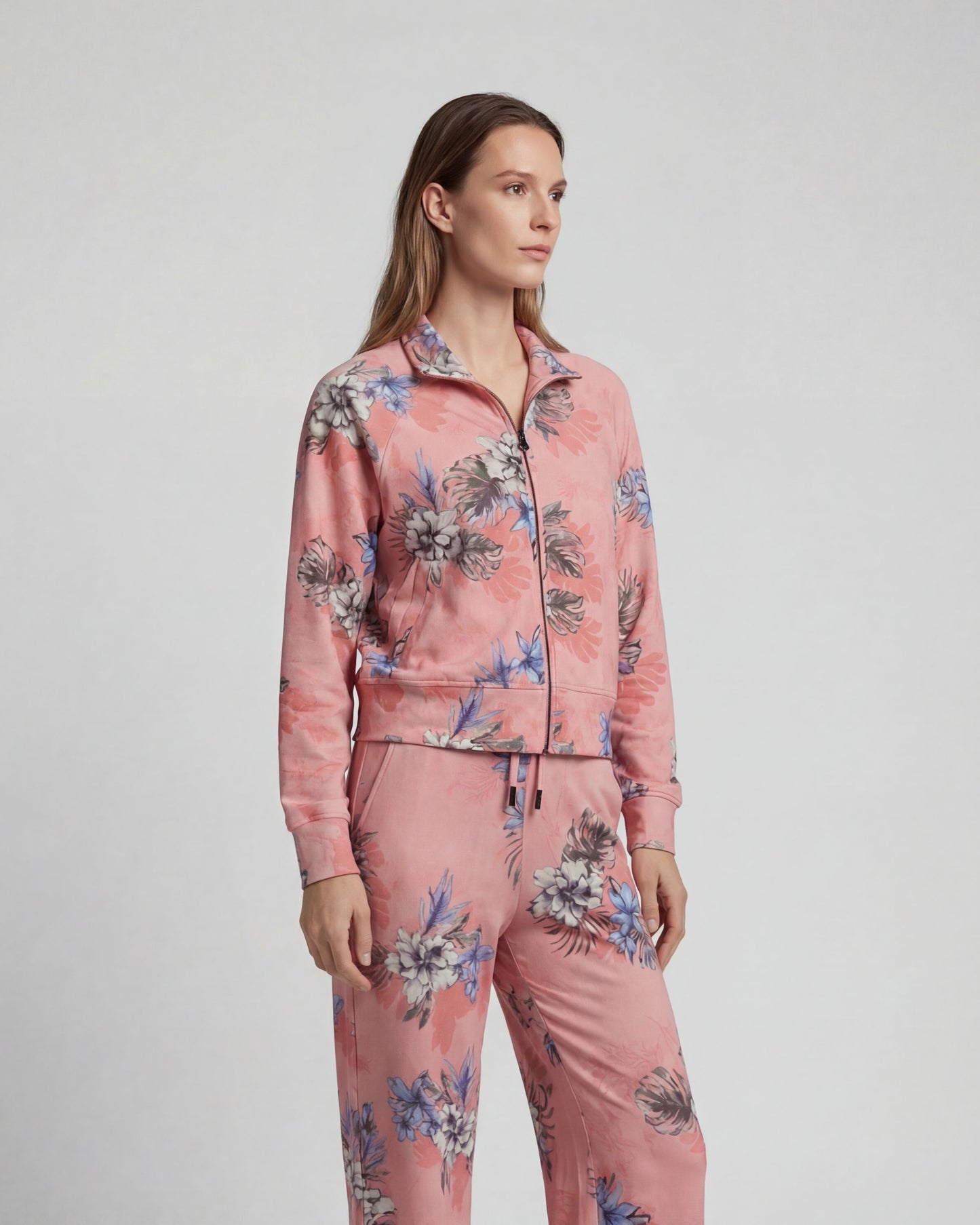 JUDY EXOTIC FLORAL CORAL WOMENS CROPPED ZIP JACKET