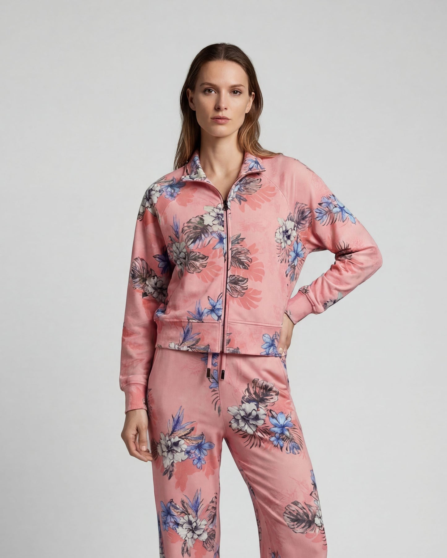 JUDY EXOTIC FLORAL CORAL WOMENS CROPPED ZIP JACKET