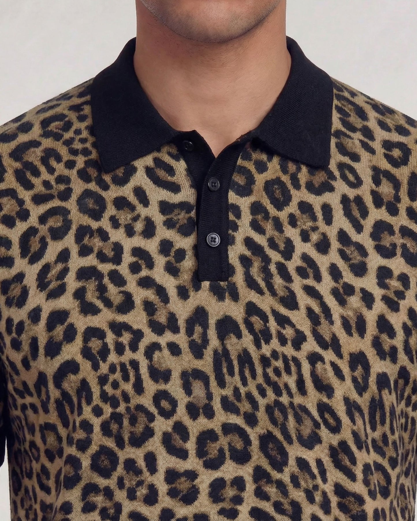 PILGRIM LEOPARD BROWN MENS MERINO SILK CASHMERE POLO