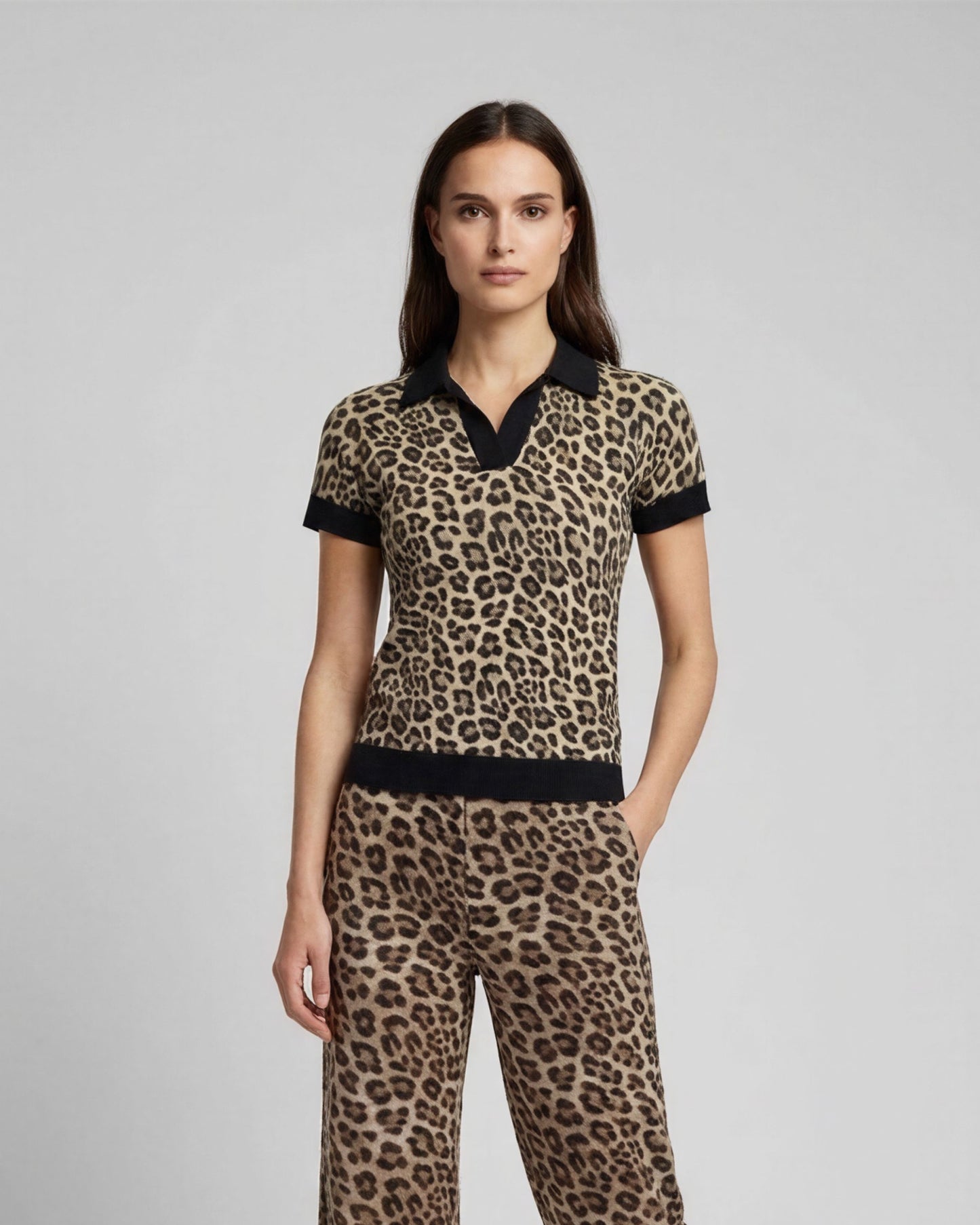 JESSICA LEOPARD BROWN WOMENS MERINO SILK CASHMERE POLO