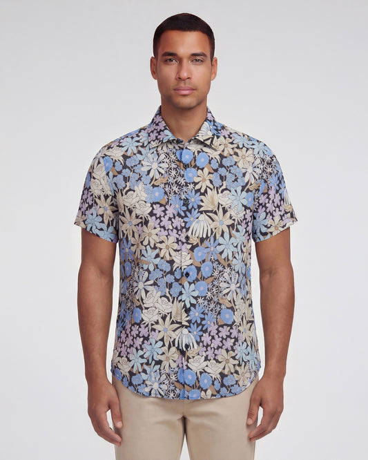 LANDON ROUGH FLORAL LINEN SHIRT - BLACK