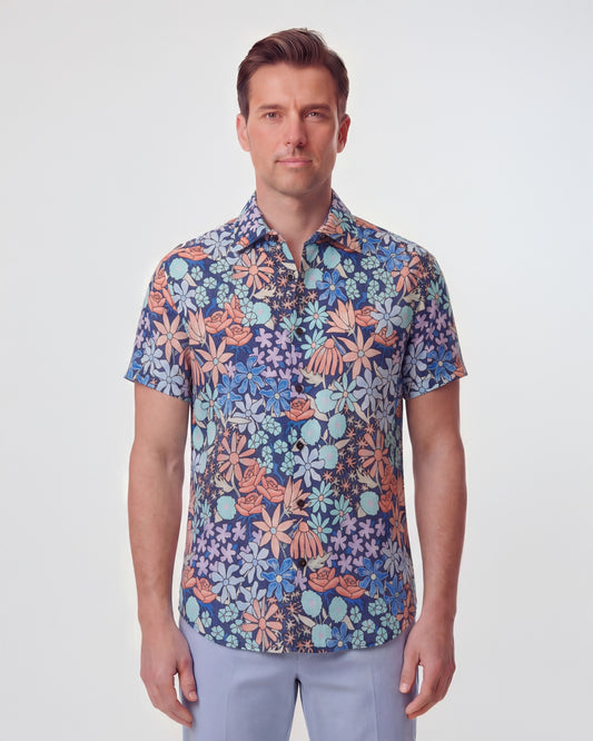 LANDON ROUGH FLORAL LINEN SHIRT - NAVY