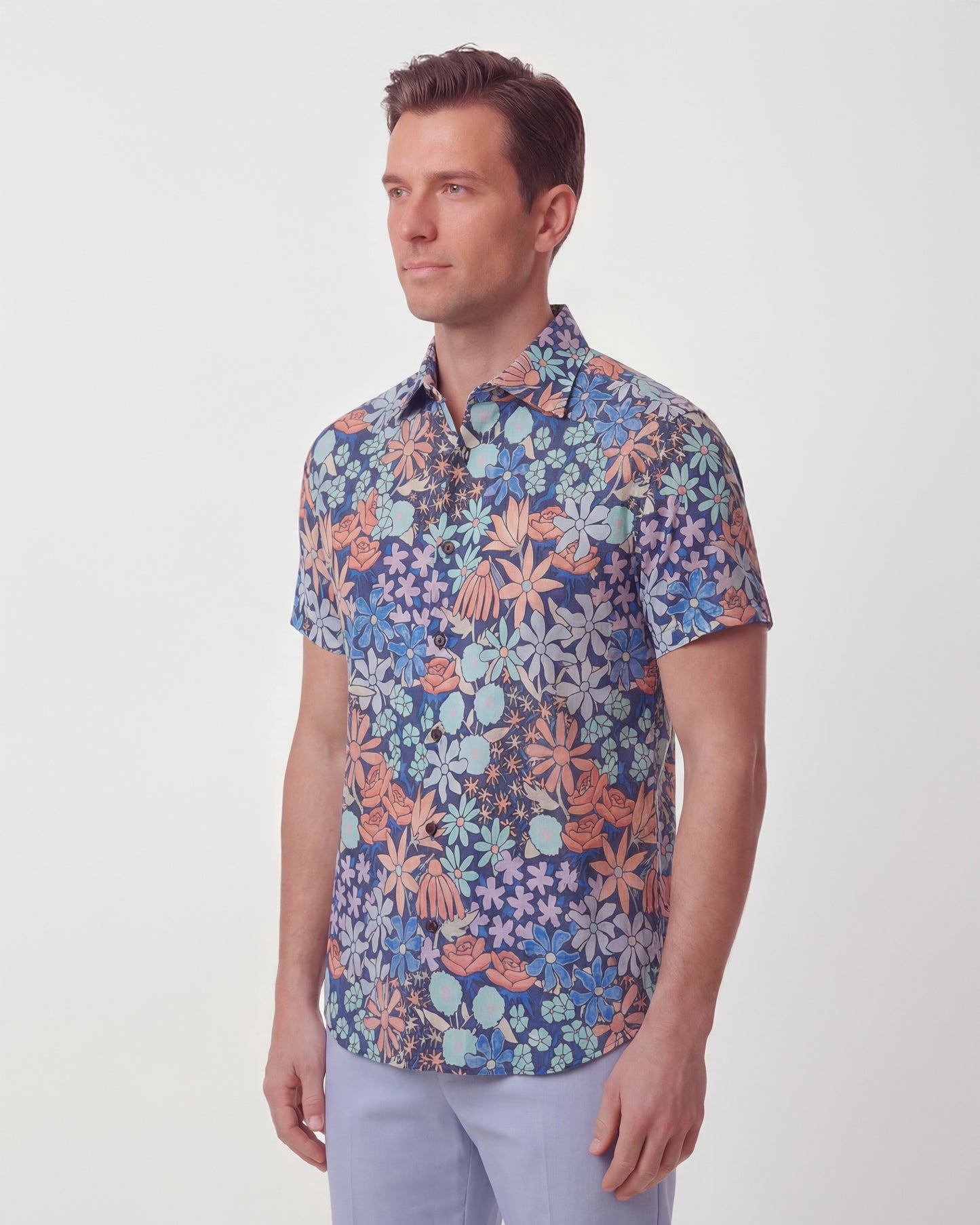 LANDON ROUGH FLORAL LINEN SHIRT - NAVY