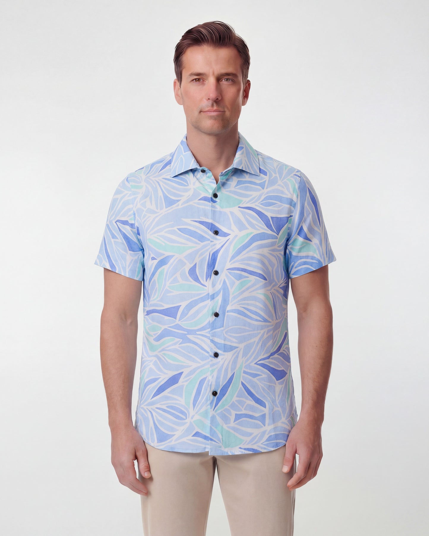 LANDON SIMPLE LEAVES LINEN SHIRT - BLUE