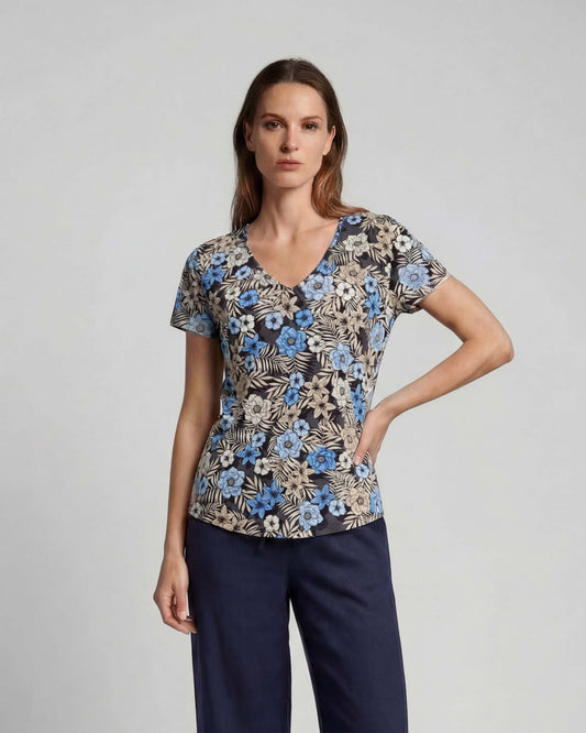 VICTORIA TROPICAL MIX BLACK WOMENS V-NECK PRINTED TOP