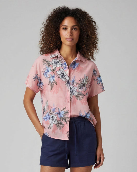 LARA EXOTIC FLORAL CORAL WOMENS LINEN PRINTED SHIRT