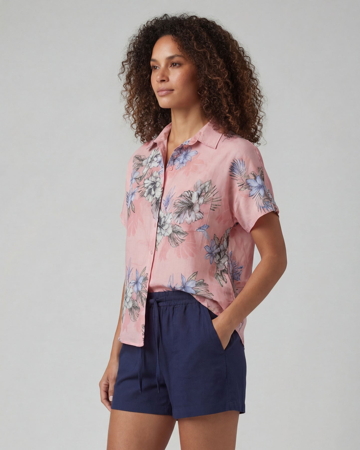 LARA EXOTIC FLORAL CORAL WOMENS LINEN PRINTED SHIRT
