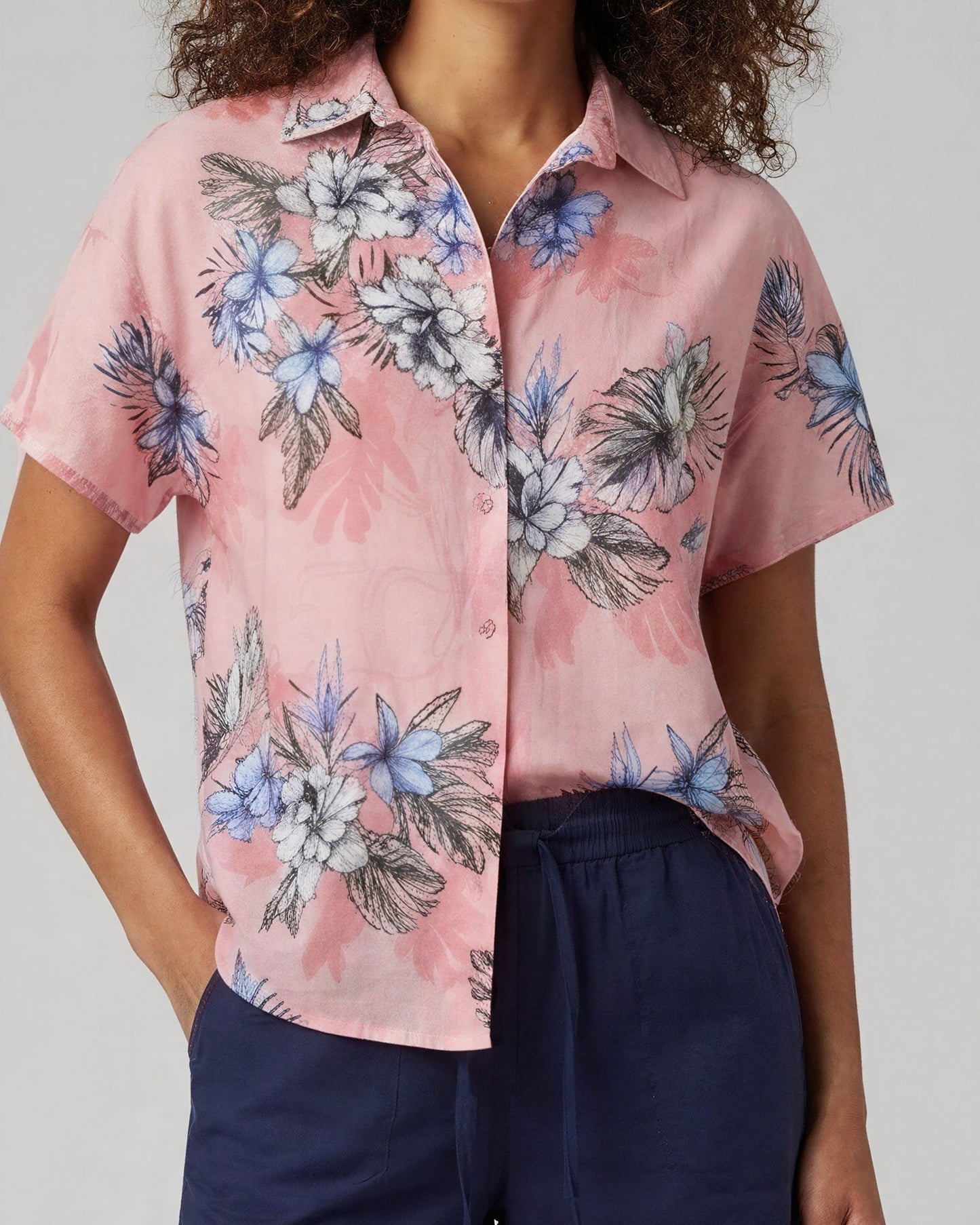 LARA EXOTIC FLORAL CORAL WOMENS LINEN PRINTED SHIRT