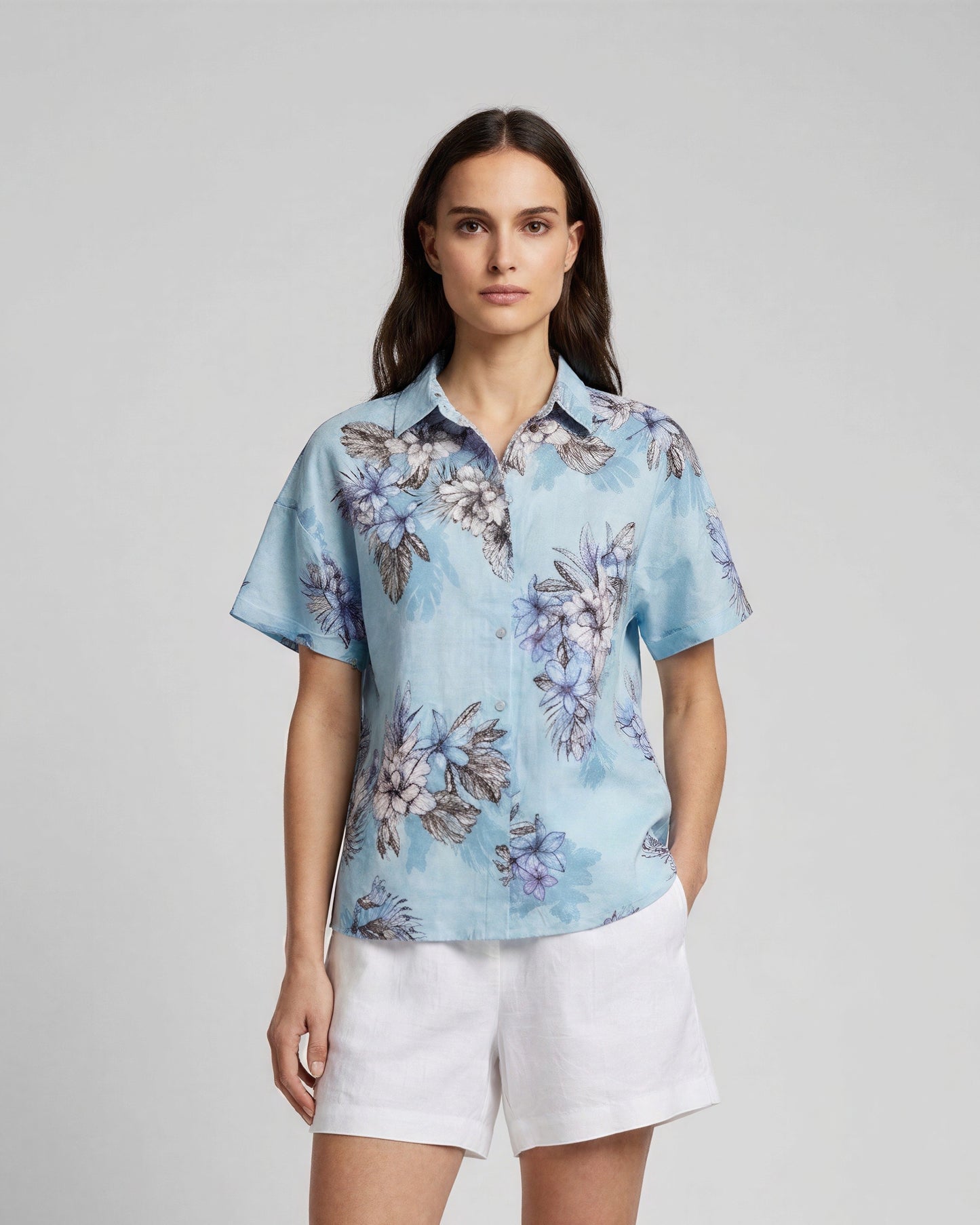 LARA EXOTIC FLORAL TEAL WOMENS LINEN PRINTED SHIRT