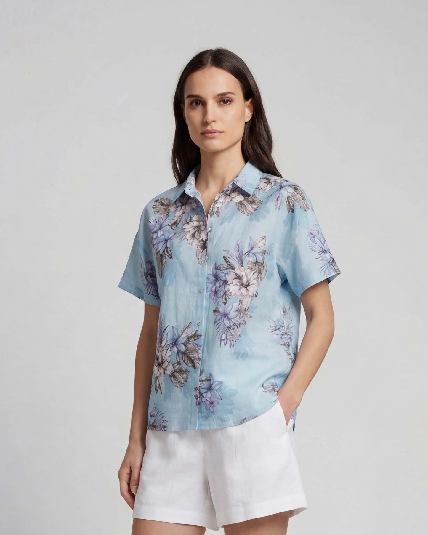 LARA EXOTIC FLORAL TEAL WOMENS LINEN PRINTED SHIRT