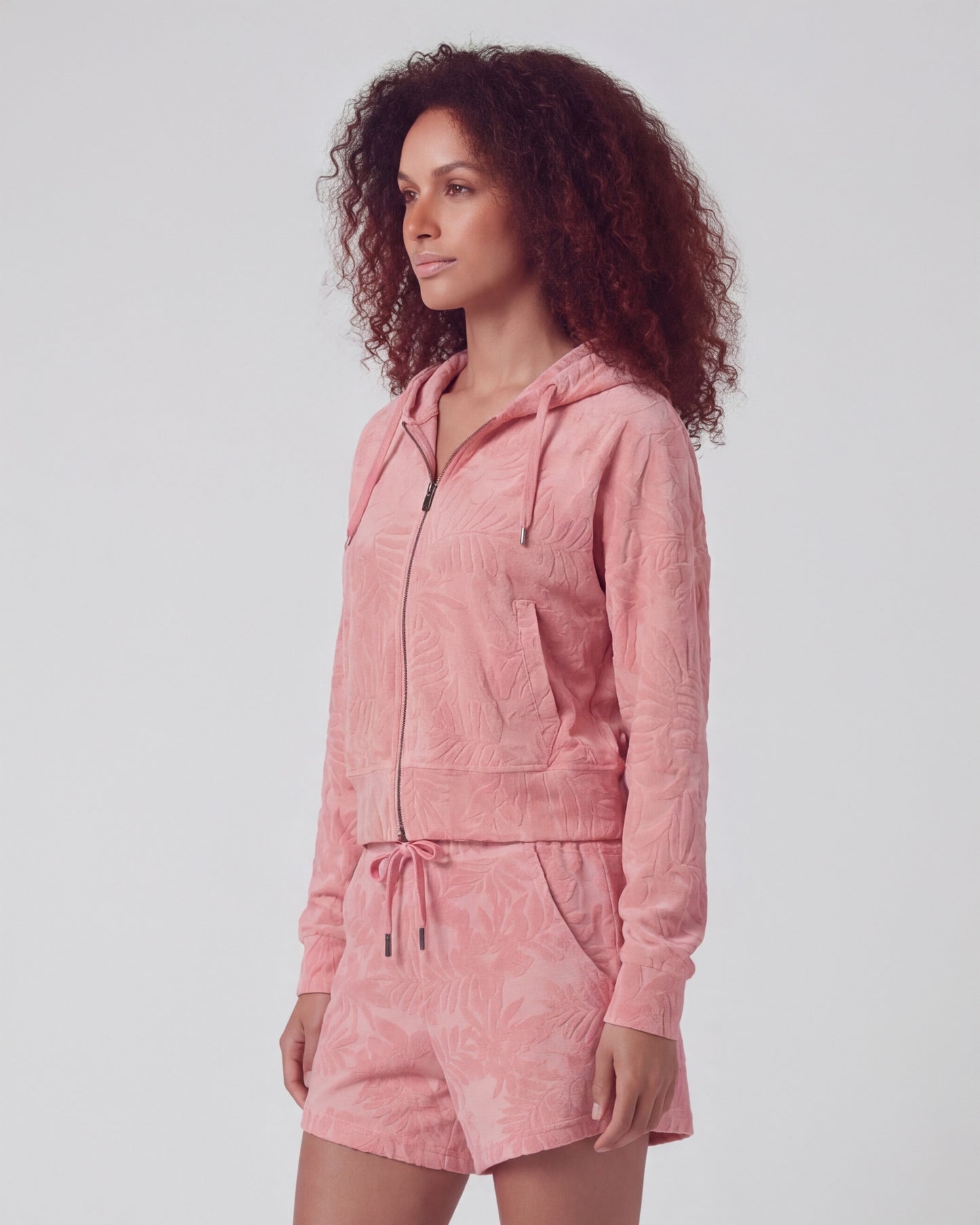 FIONA CORAL WOMENS CROPPED TERRY TOWELING ZIP HOODIE