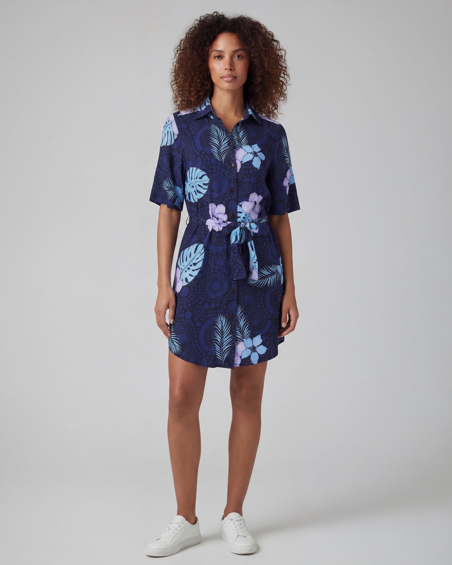 SERENA TROPICAL FANTASY NAVY WOMENS WRAP SHIRT DRESS