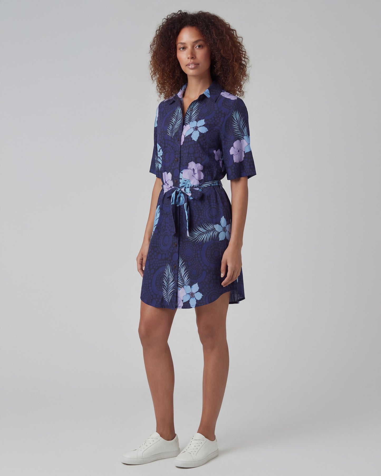 SERENA TROPICAL FANTASY NAVY WOMENS WRAP SHIRT DRESS