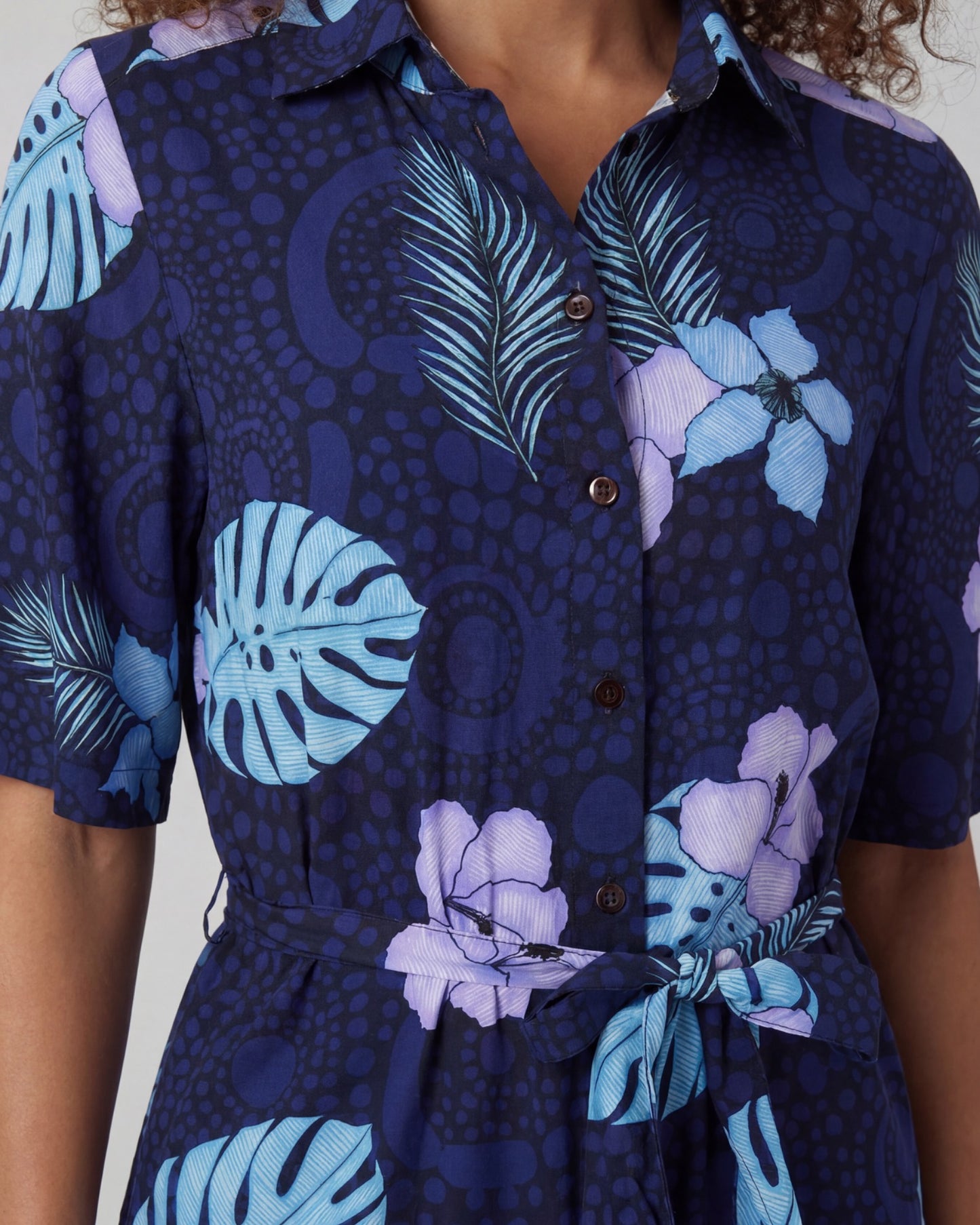 SERENA TROPICAL FANTASY NAVY WOMENS WRAP SHIRT DRESS