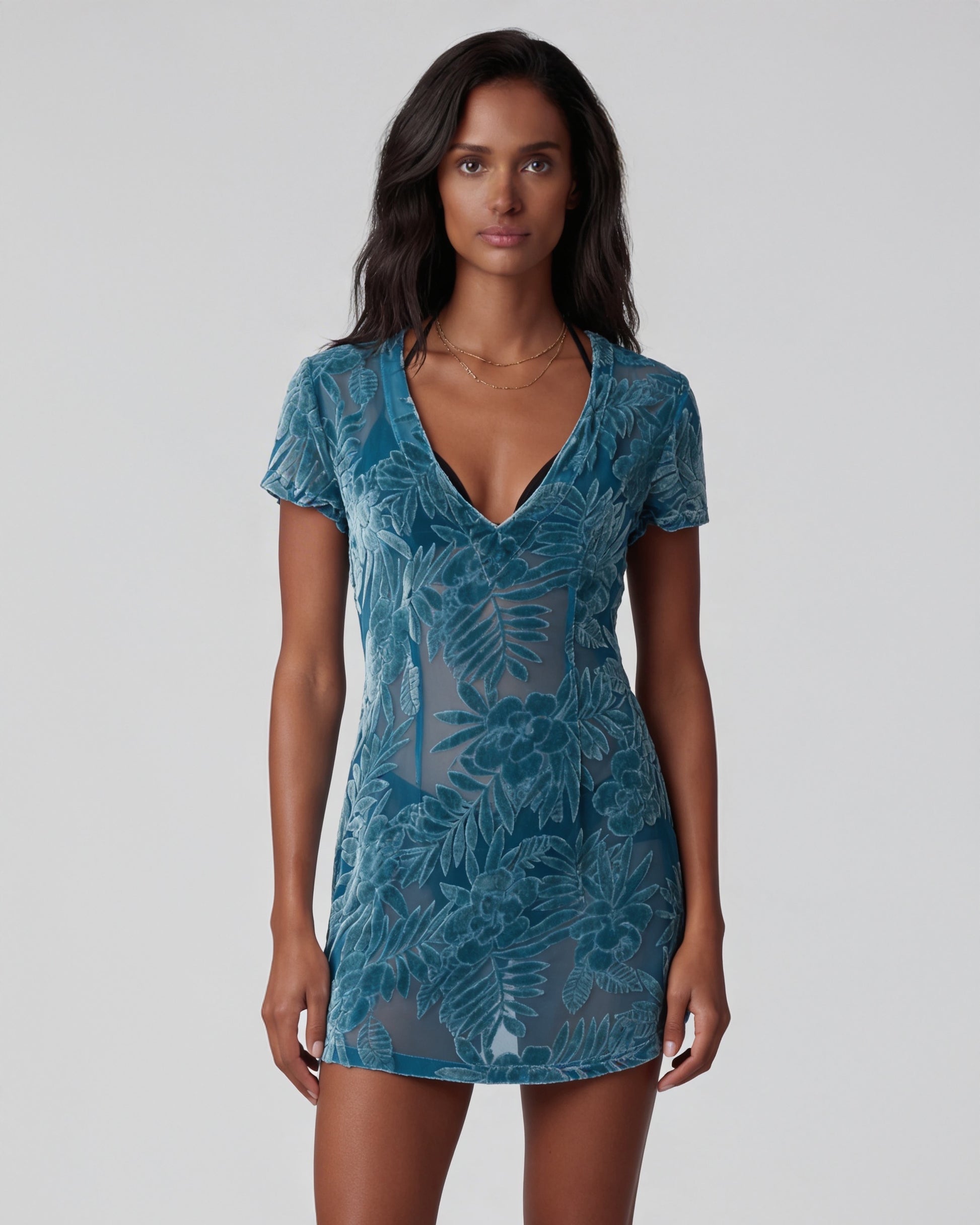 VIOLA COUNTRY FLORAL TEAL WOMENS V-NECK MINI DRESS – Lords Of Harlech