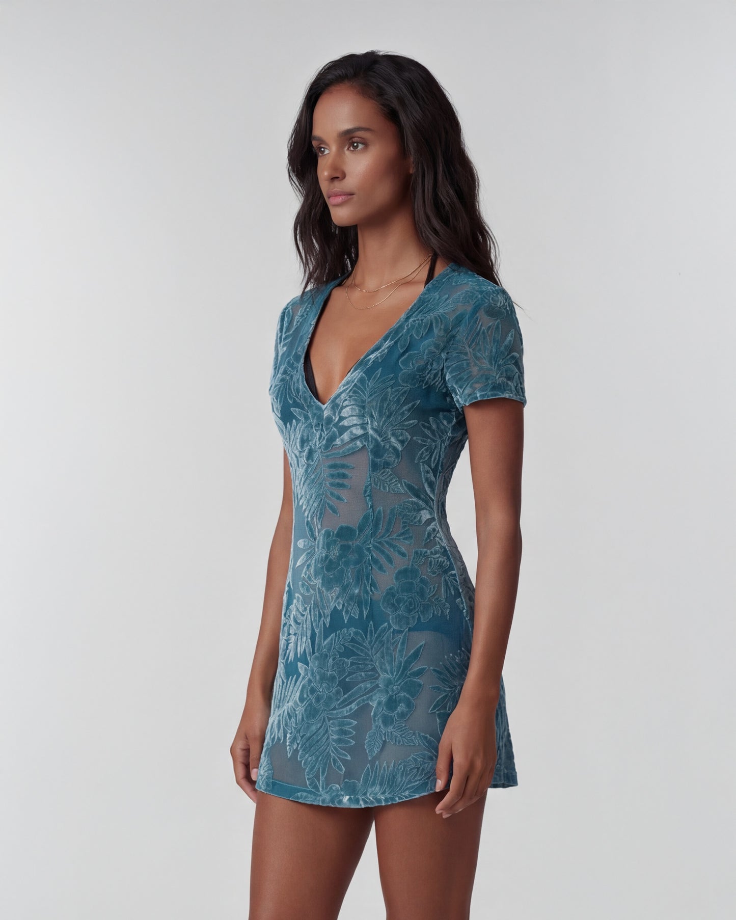 VIOLA COUNTRY FLORAL TEAL WOMENS V-NECK MINI DRESS