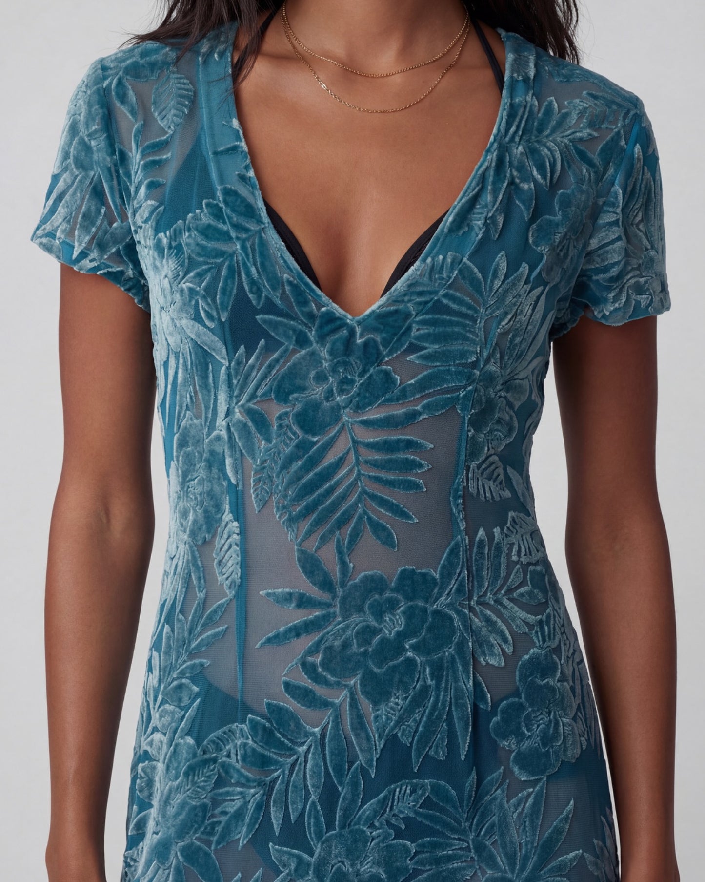 VIOLA COUNTRY FLORAL TEAL WOMENS V-NECK MINI DRESS
