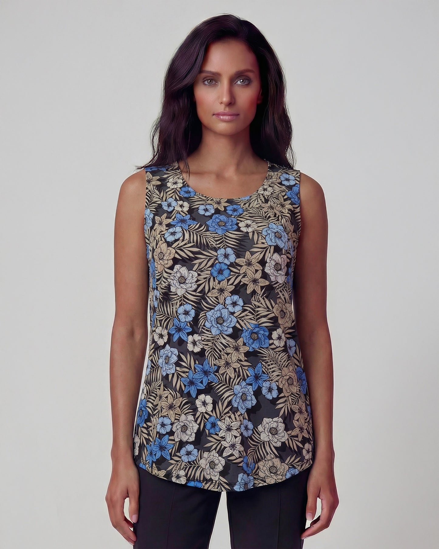 TINA TROPICAL MIX BLACK WOMENS MUSCLE TANK