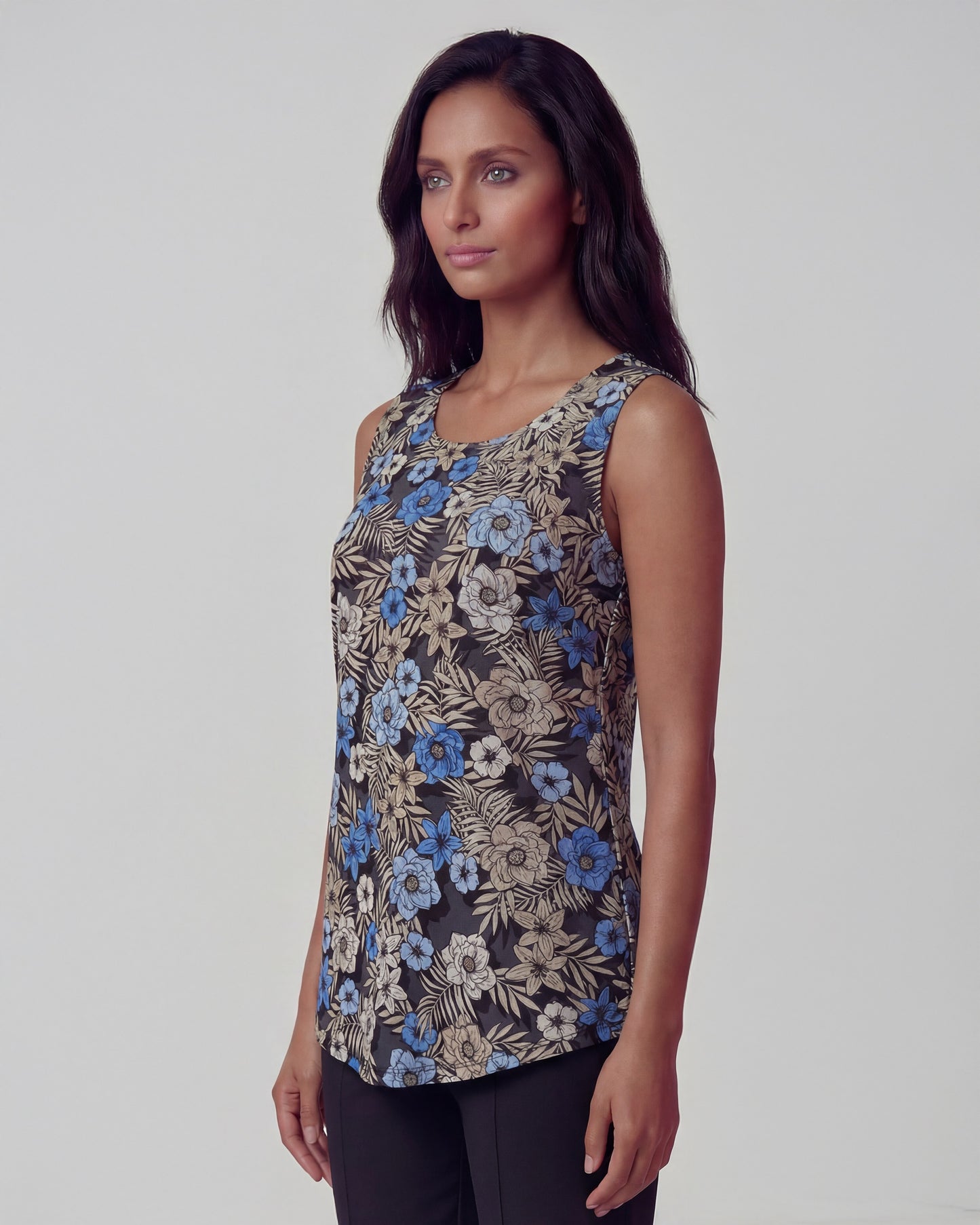 TINA TROPICAL MIX BLACK WOMENS MUSCLE TANK