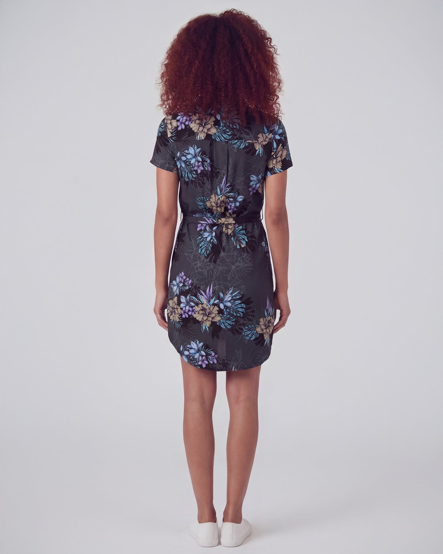 CRYSTAL EXOTIC FLORAL BLACK WOMENS SHIRT DRESS