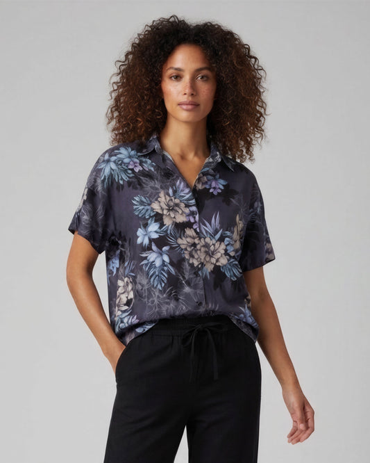LARA EXOTIC FLORAL BLACK WOMENS LINEN PRINTED SHIRT