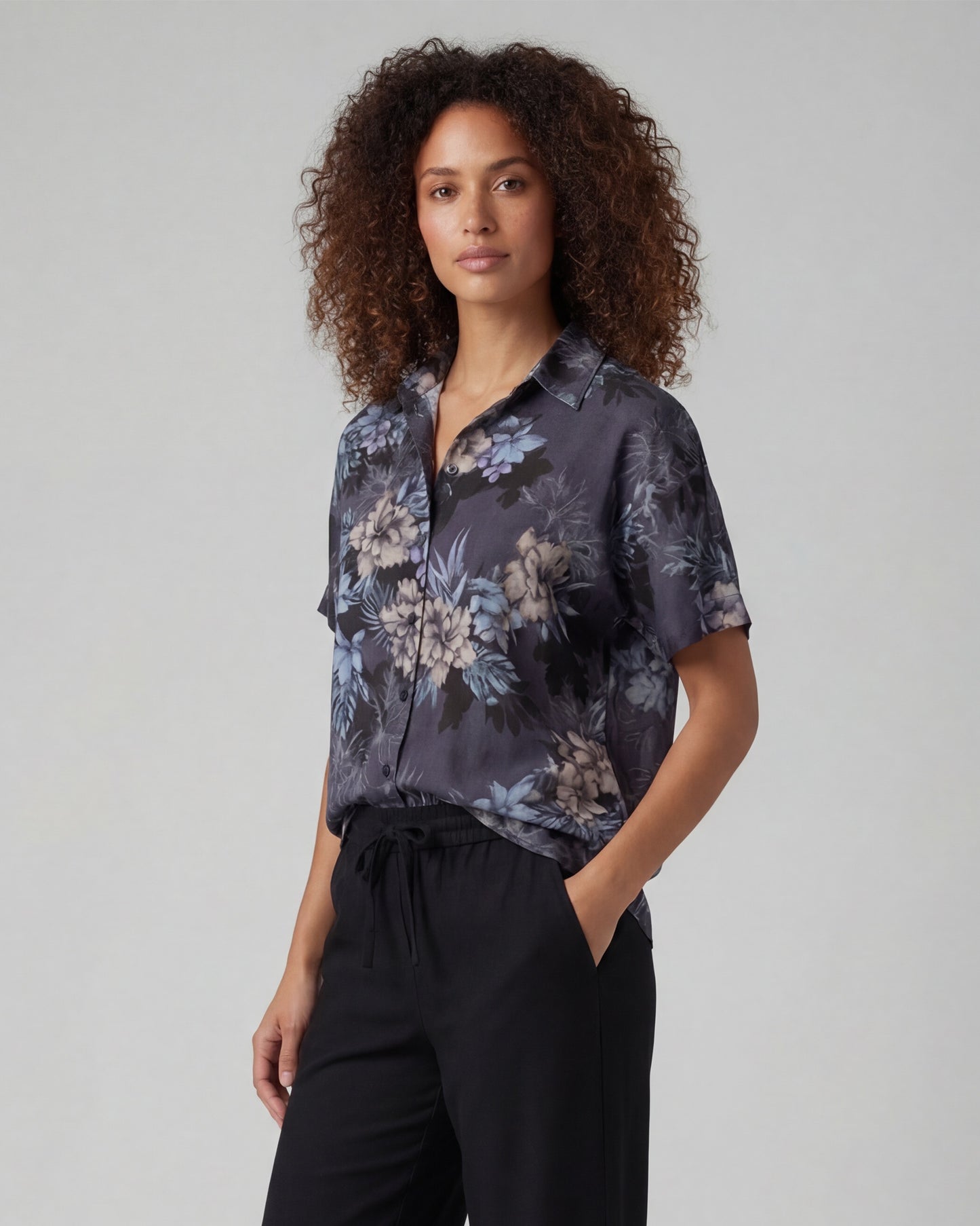 LARA EXOTIC FLORAL BLACK WOMENS LINEN PRINTED SHIRT