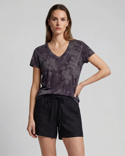 VICTORIA PAISLEY EXPLOSION BLACK WOMENS V-NECK PRINTED TOP