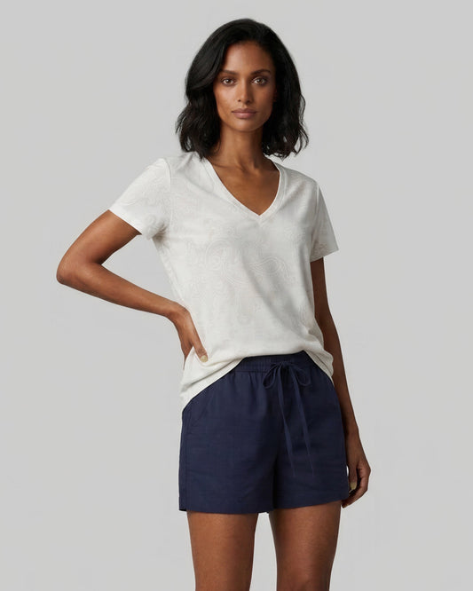 VICTORIA PAISLEY EXPLOSION IVORY WOMENS V-NECK PRINTED TOP