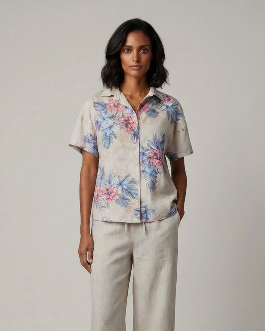 LARA EXOTIC FLORAL NATURAL WOMENS LINEN PRINTED SHIRT
