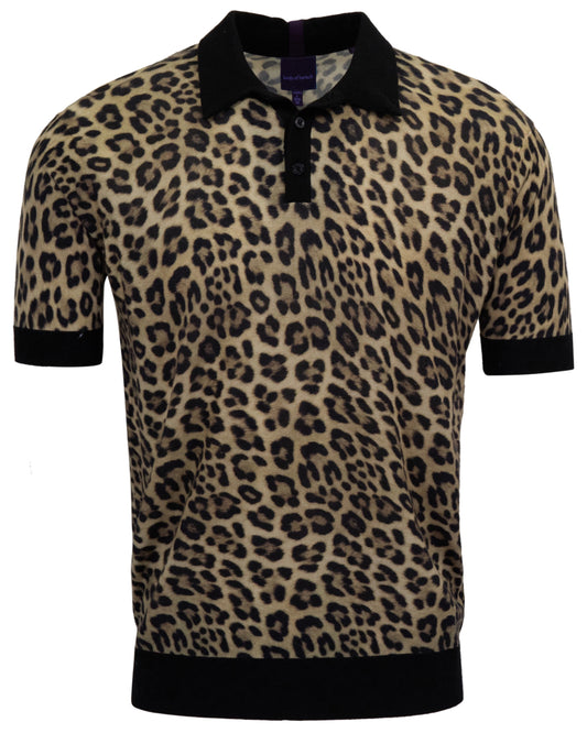 PILGRIM LEOPARD BROWN MENS MERINO SILK CASHMERE POLO