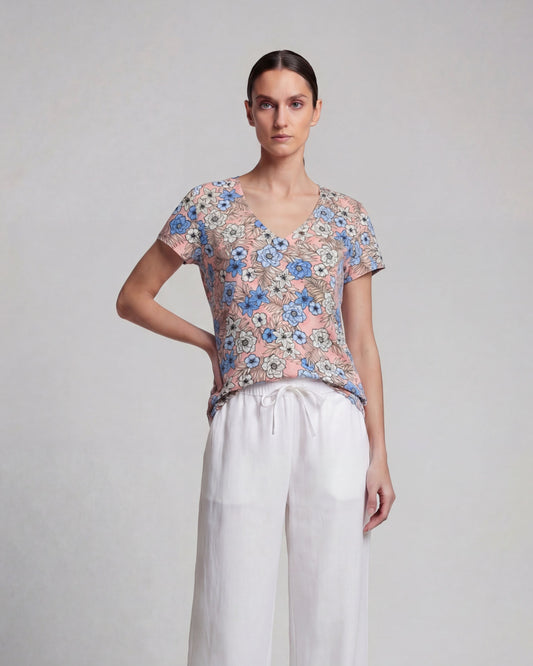 VICTORIA TROPICAL MIX CORAL WOMENS V-NECK PRINTED TOP