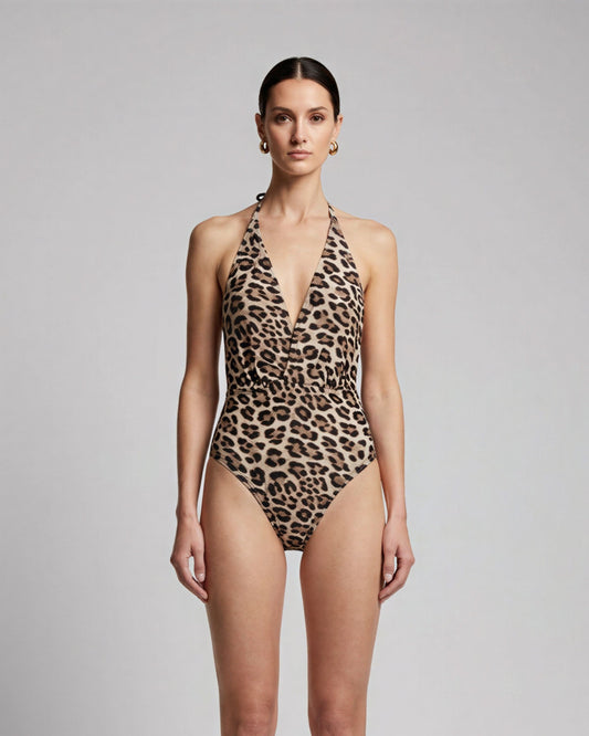 XENA LEOPARD BROWN WOMENS HALTER ONE-PIECE SWIMSUIT