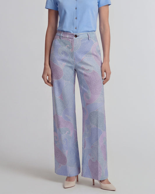 PHEOBE GRAIN PAISLEY TEAL WOMENS WOOL WIDE-LEG PANT