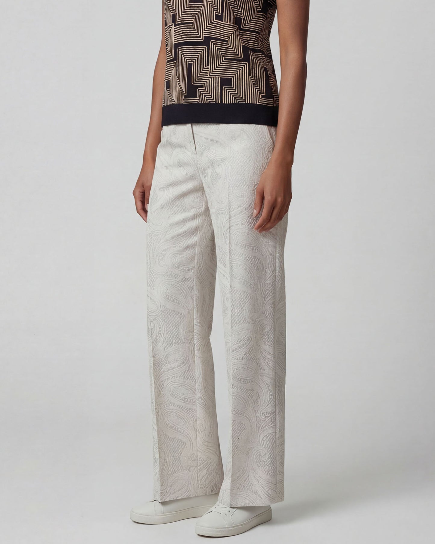 PHEOBE CROCHET PAISLEY IVORY WOMENS WOOL WIDE-LEG PANT